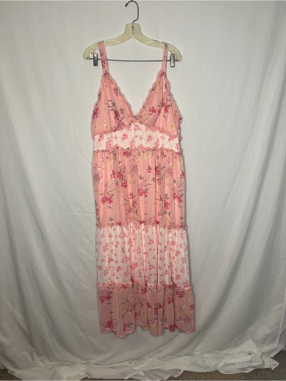Torrid Floral Tiered Midi Dress Pink Cottagecore Boho Ruffle Women’s Large